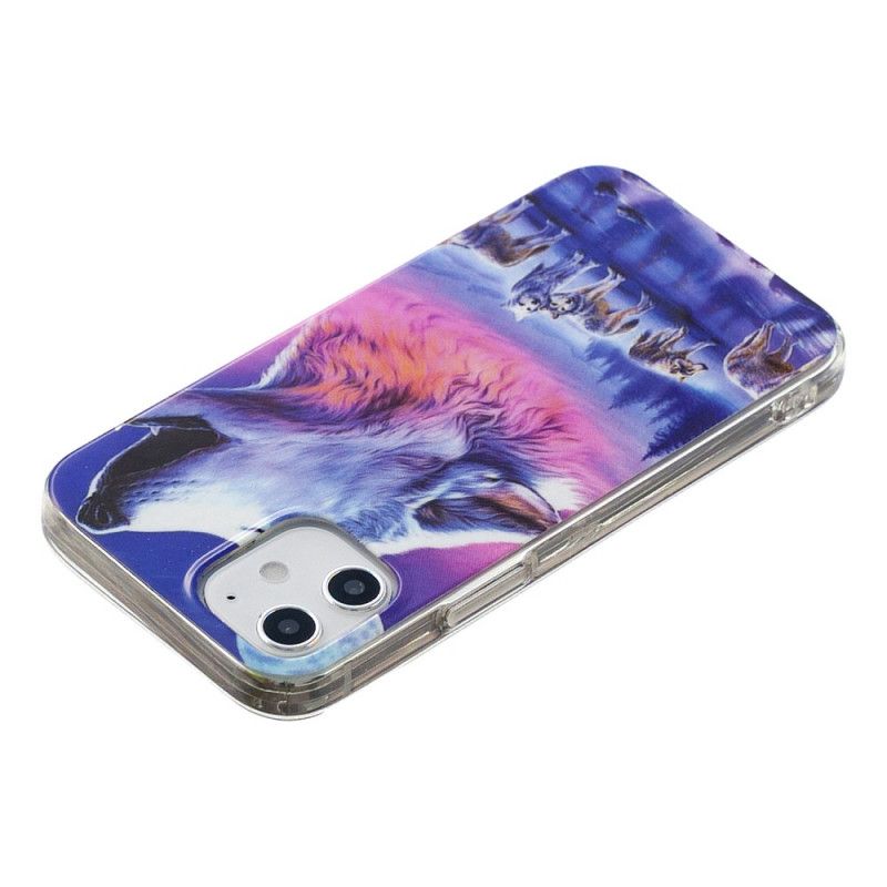 Hoesje iPhone 12 / 12 Pro Donkerblauw Zwart Serie Fluorescerende Wolven