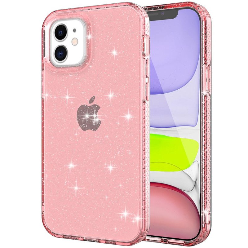 Hoesje iPhone 12 / 12 Pro Roze Zwart Transparant Glitter Versterkt