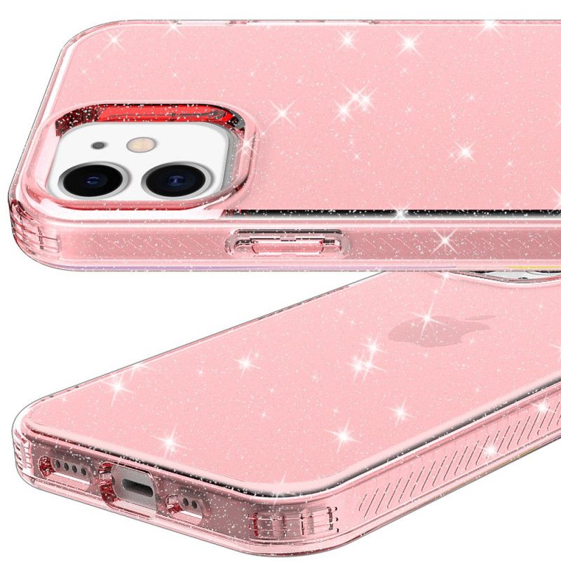 Hoesje iPhone 12 / 12 Pro Roze Zwart Transparant Glitter Versterkt