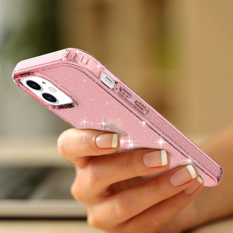 Hoesje iPhone 12 / 12 Pro Roze Zwart Transparant Glitter Versterkt