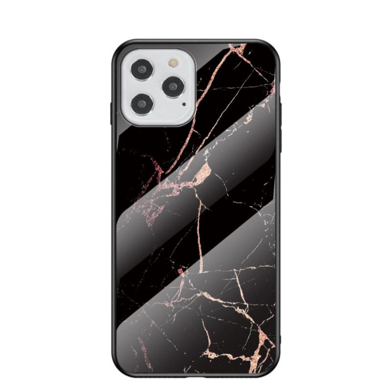 Hoesje iPhone 12 / 12 Pro Wit Zwart Marmeren Kleuren Gehard Glas