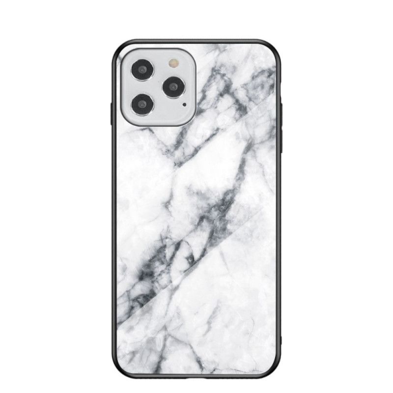 Hoesje iPhone 12 / 12 Pro Wit Zwart Marmeren Kleuren Gehard Glas