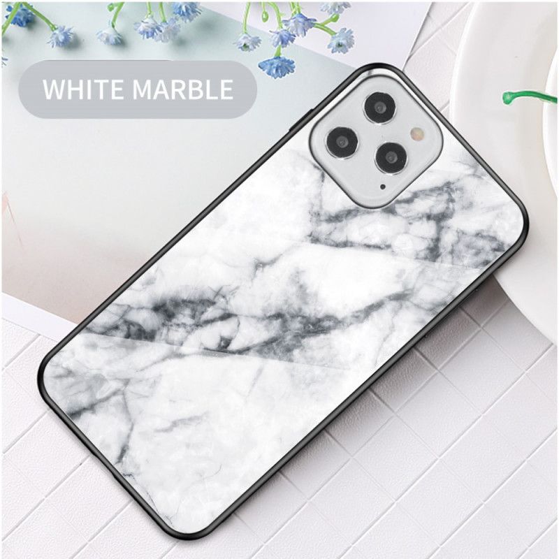 Hoesje iPhone 12 / 12 Pro Wit Zwart Marmeren Kleuren Gehard Glas