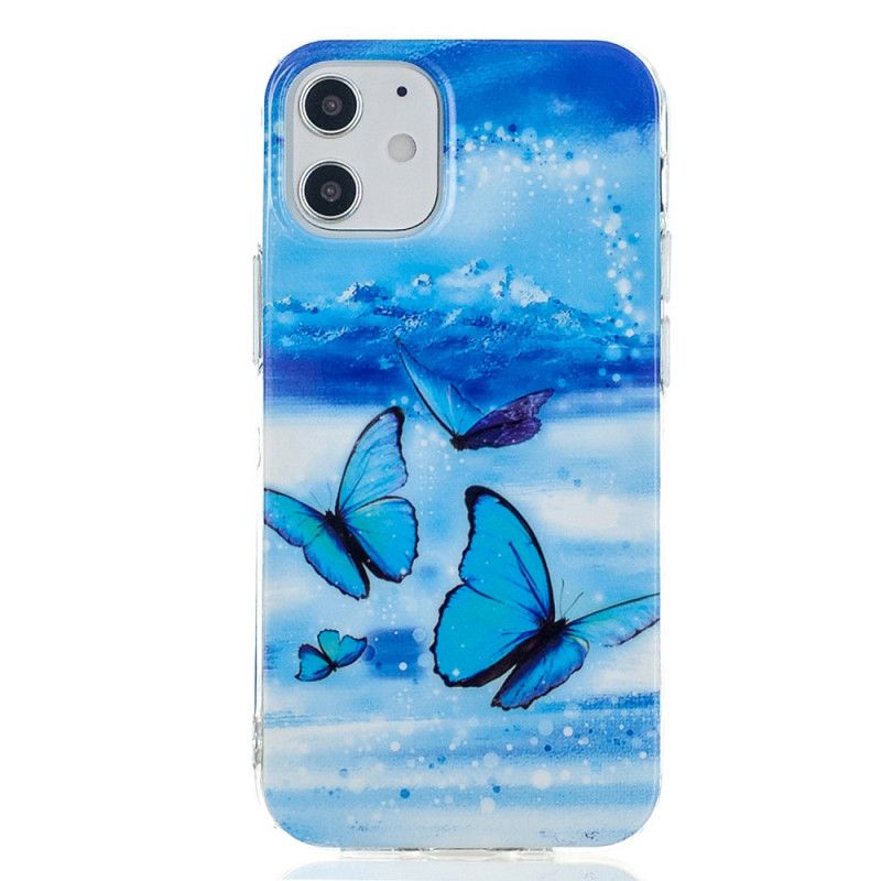 Hoesje voor iPhone 12 / 12 Pro Lichtblauw Donkerblauw Serie Fluorescerende Vlinder