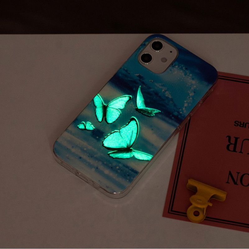 Hoesje voor iPhone 12 / 12 Pro Lichtblauw Donkerblauw Serie Fluorescerende Vlinder