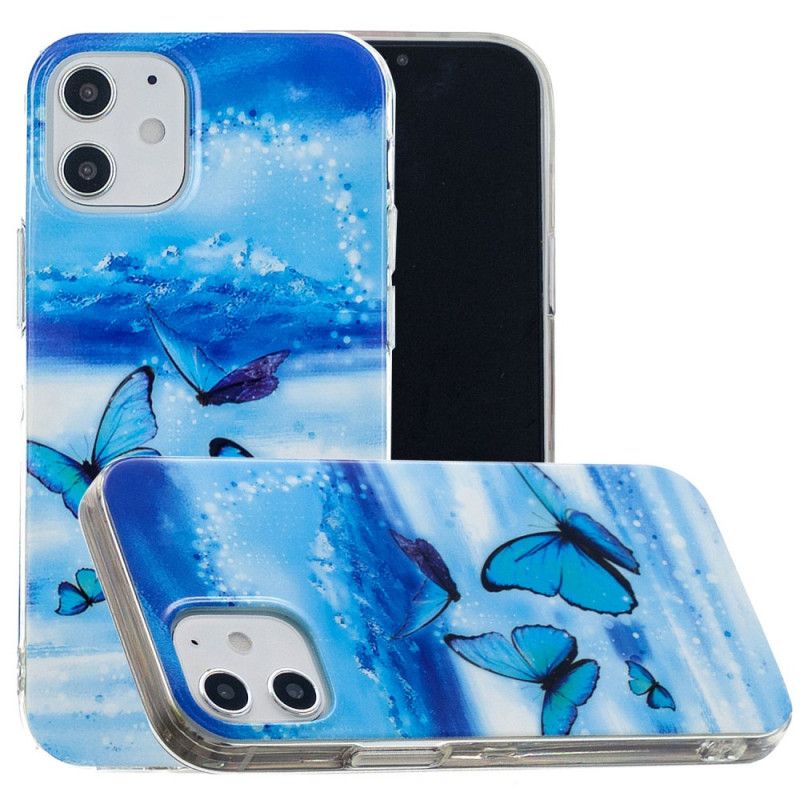 Hoesje voor iPhone 12 / 12 Pro Lichtblauw Donkerblauw Serie Fluorescerende Vlinder