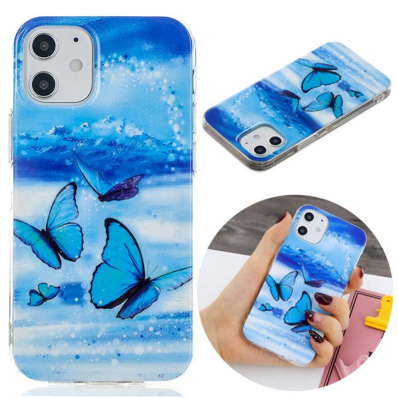 Hoesje voor iPhone 12 / 12 Pro Lichtblauw Donkerblauw Serie Fluorescerende Vlinder