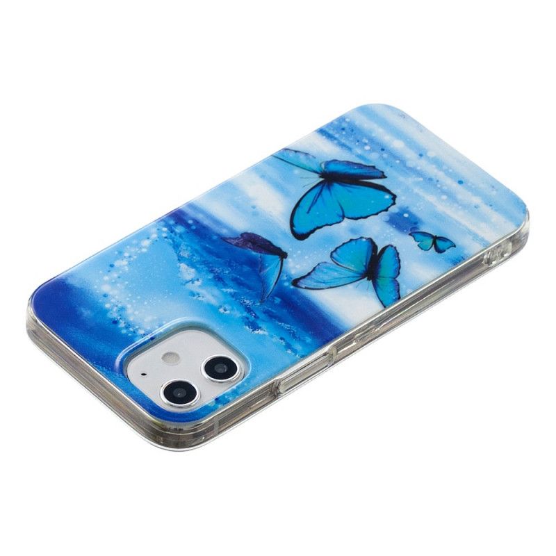 Hoesje voor iPhone 12 / 12 Pro Lichtblauw Donkerblauw Serie Fluorescerende Vlinder