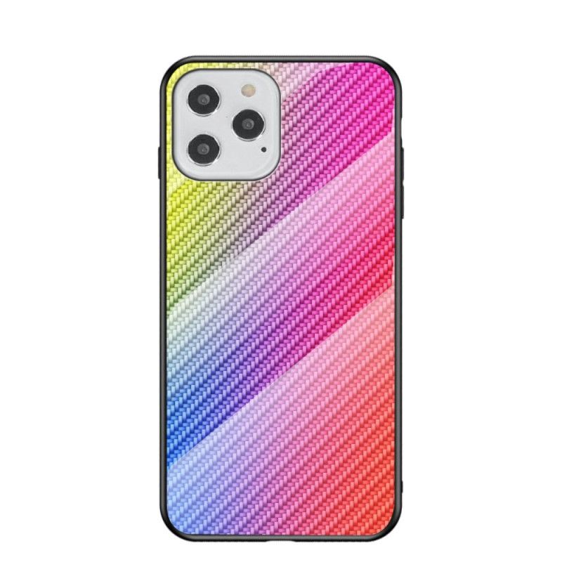 Hoesje voor iPhone 12 / 12 Pro Magenta Zwart Koolstofvezel Gehard Glas