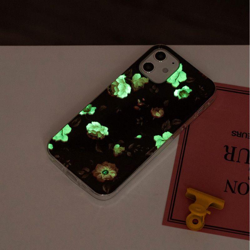 Hoesje voor iPhone 12 / 12 Pro Turkoois Zwart Fluorescerende Bloemenreeks