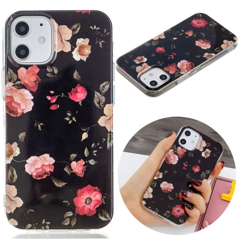 Hoesje voor iPhone 12 / 12 Pro Turkoois Zwart Fluorescerende Bloemenreeks