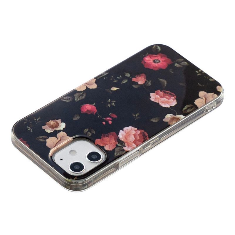 Hoesje voor iPhone 12 / 12 Pro Turkoois Zwart Fluorescerende Bloemenreeks