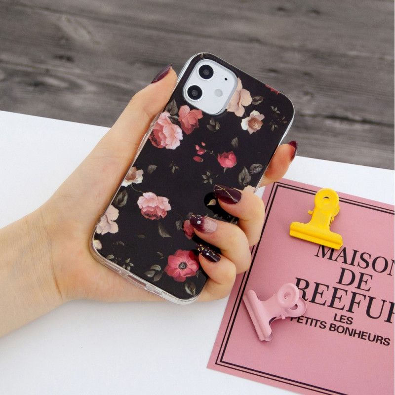 Hoesje voor iPhone 12 / 12 Pro Turkoois Zwart Fluorescerende Bloemenreeks