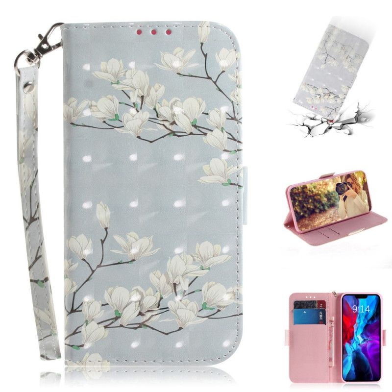 Leren Hoesje iPhone 12 / 12 Pro Groen Grijs Wilde Bloemen Met String