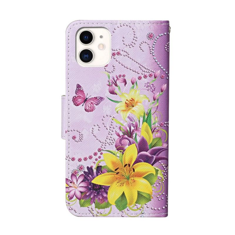 Leren Hoesje iPhone 12 / 12 Pro Lichtblauw Magenta Meesterlijke Bloemen Met String