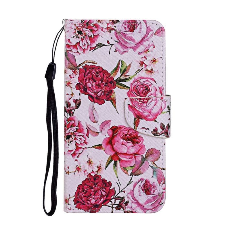 Leren Hoesje iPhone 12 / 12 Pro Lichtblauw Magenta Meesterlijke Bloemen Met String