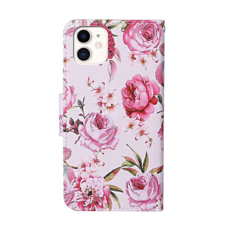 Leren Hoesje iPhone 12 / 12 Pro Lichtblauw Magenta Meesterlijke Bloemen Met String