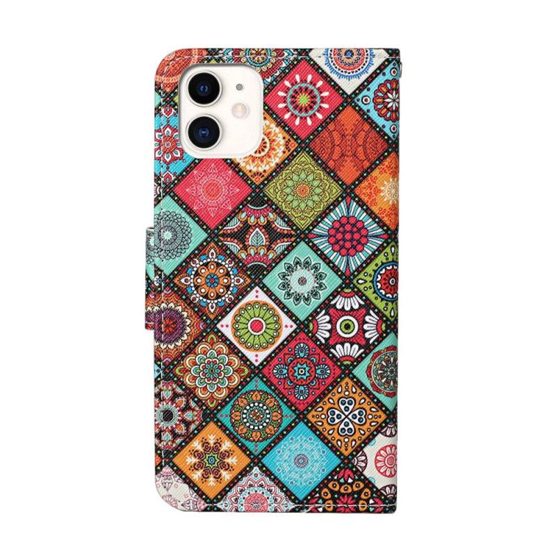 Leren Hoesje iPhone 12 / 12 Pro Telefoonhoesje Patchwork Mandala'S Met String