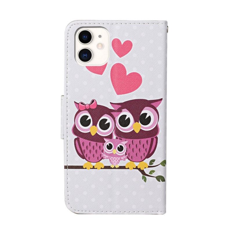 Leren Hoesje iPhone 12 / 12 Pro Telefoonhoesje Uilenfamilie Met String