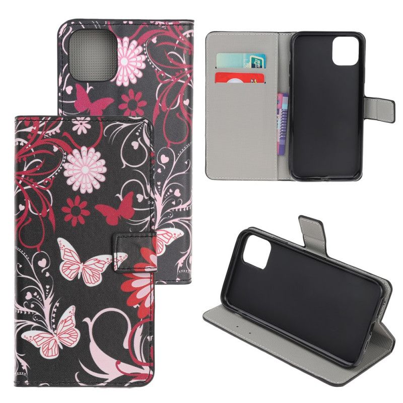 Leren Hoesje iPhone 12 / 12 Pro Wit Zwart Krankzinnige Vlinders