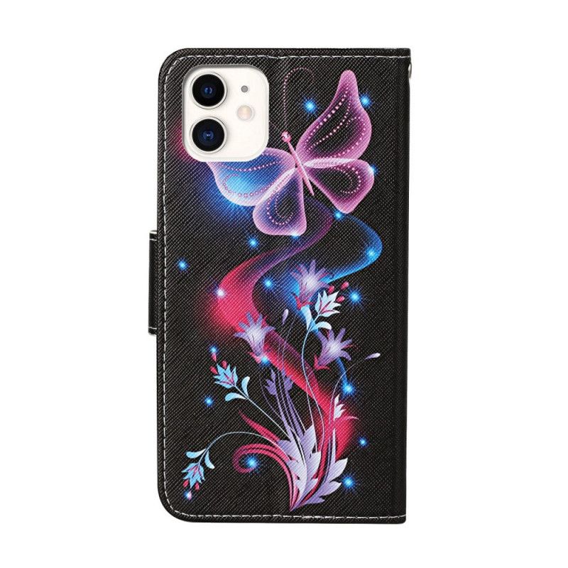 Leren Hoesje iPhone 12 / 12 Pro Wit Zwart Vlinders En String