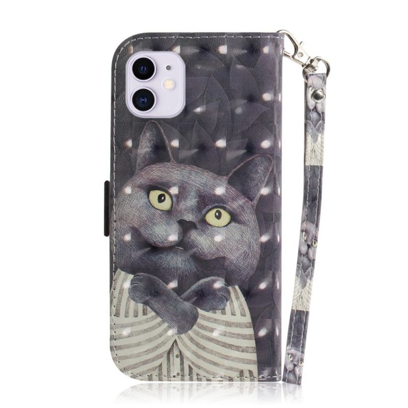 Leren Hoesje voor iPhone 12 / 12 Pro Grijze Kat Met String