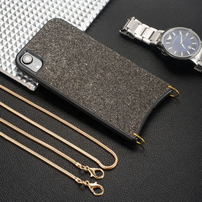 Case Hoesje iPhone XR Zilver Bruin Telefoonhoesje Pailletten Met Ketting