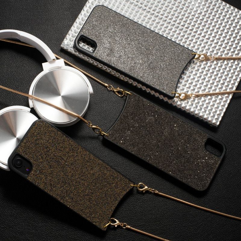 Case Hoesje iPhone XR Zilver Bruin Telefoonhoesje Pailletten Met Ketting