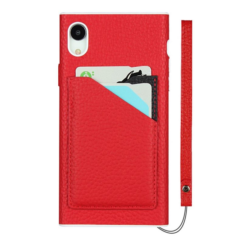 Cover Hoesje iPhone XR Grijs Zwart Telefoonhoesje Kaarthouder Van Echt Lychee Leer Met Lanyard