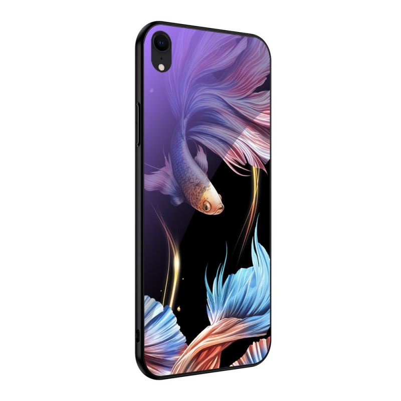 Hoesje iPhone XR Cyaan Gehard Glas Met Fluorescerend Patroon