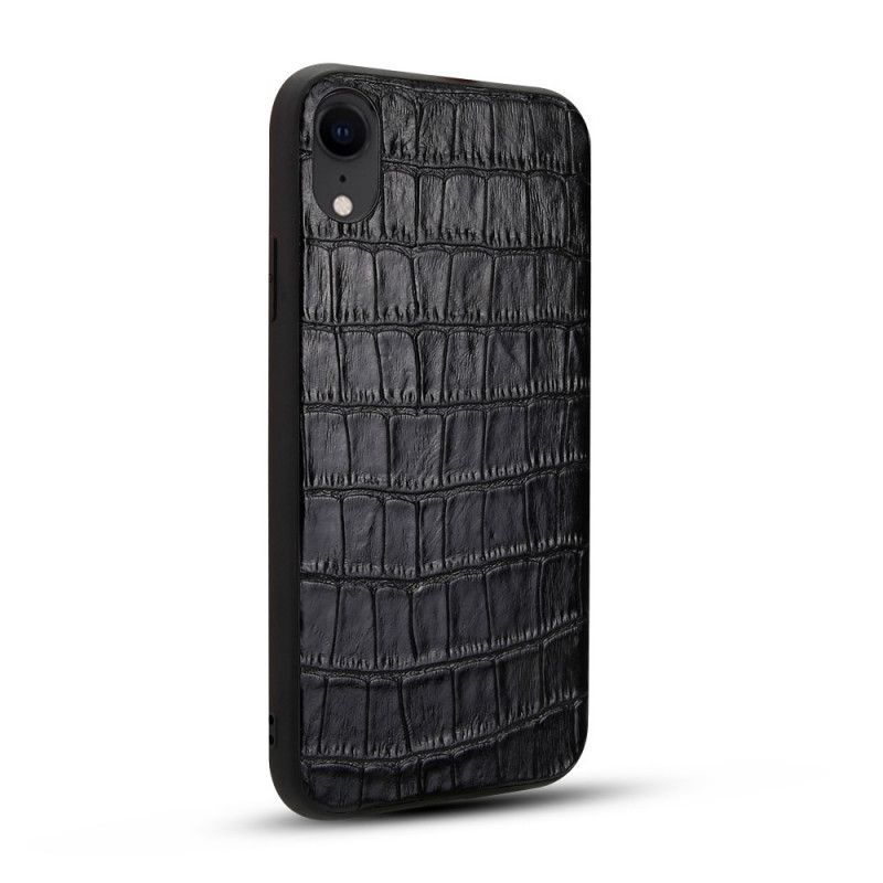 Hoesje iPhone XR Donkerblauw Zwart Echt Leer Met Krokodillenleer