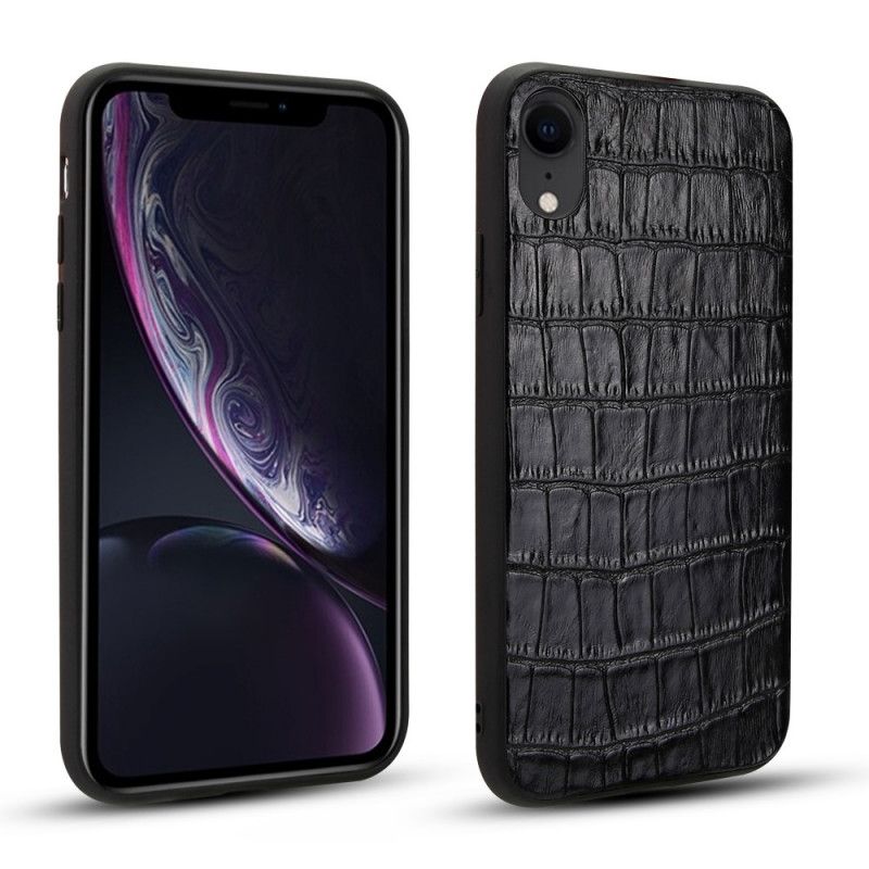 Hoesje iPhone XR Donkerblauw Zwart Echt Leer Met Krokodillenleer