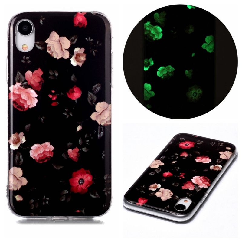 Hoesje iPhone XR Donkerrood Zwart Fluorescerende Bloemenreeks