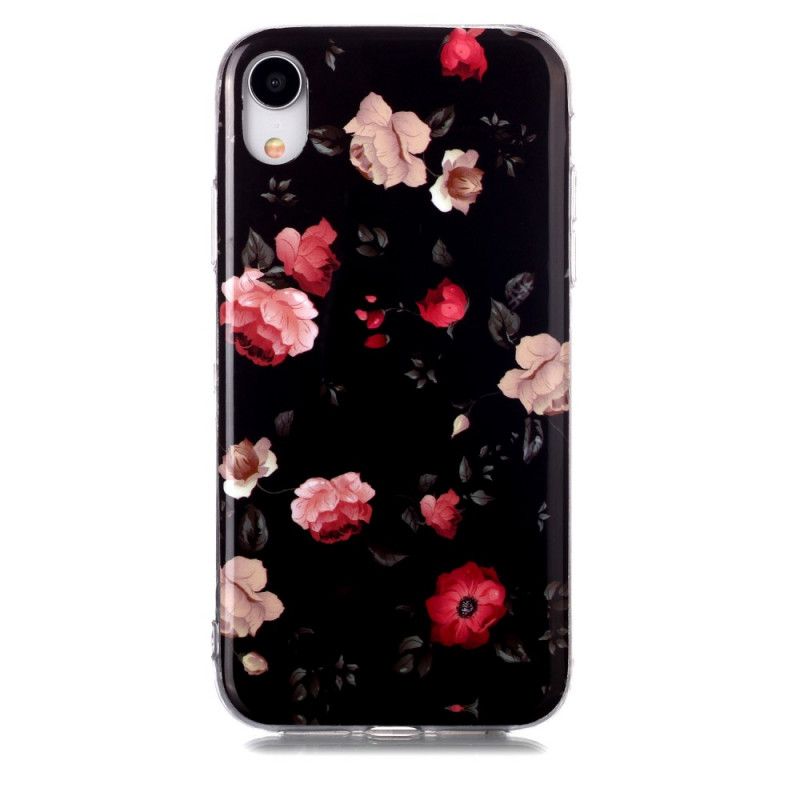 Hoesje iPhone XR Donkerrood Zwart Fluorescerende Bloemenreeks