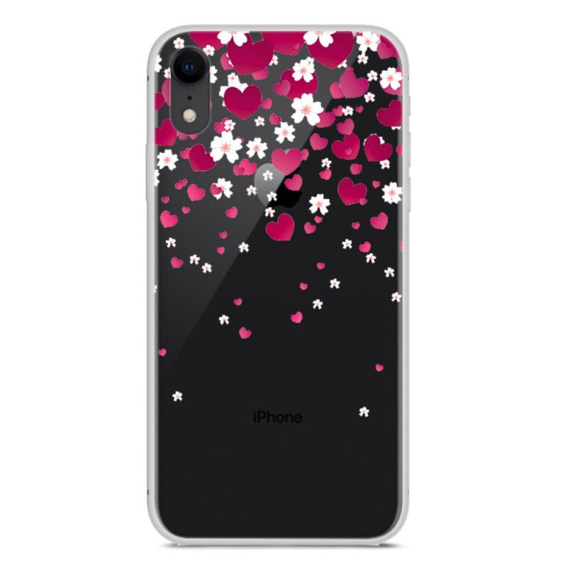 Hoesje iPhone XR Magenta Wit Bloemen En Harten