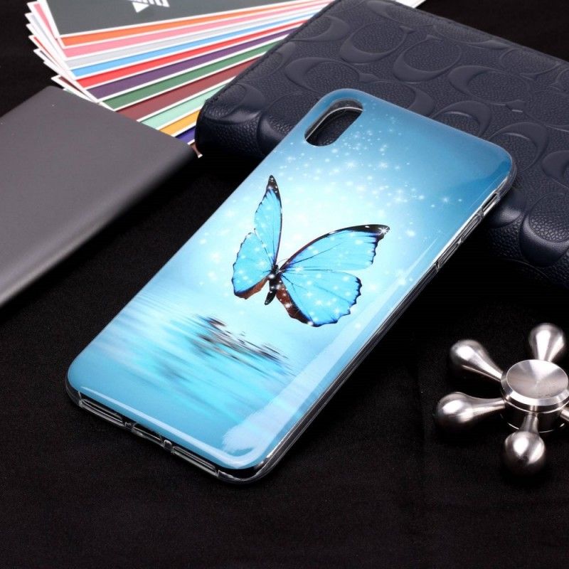 Hoesje iPhone XR Telefoonhoesje Fluorescerende Blauwe Vlinder