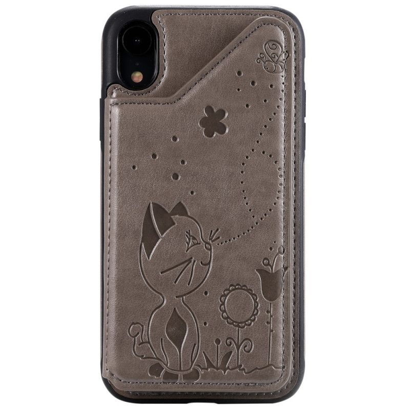 Hoesje voor iPhone XR Grijs Kunstlederen Kaarthouder Kattenhouder