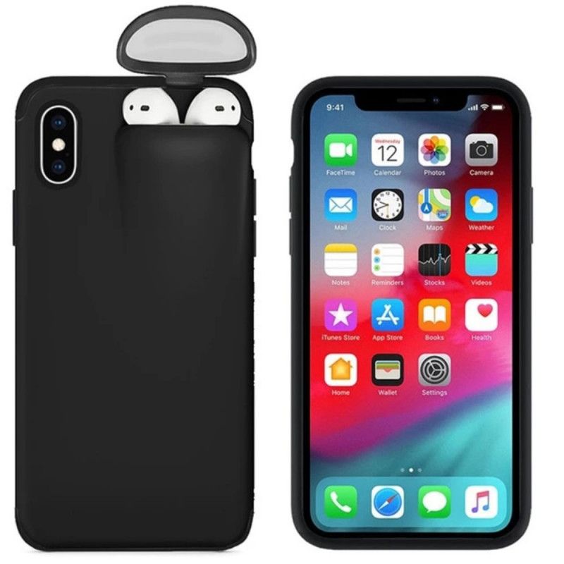 Hoesje voor iPhone XR Wit Zwart 2-In-1 Airpods-Koffer