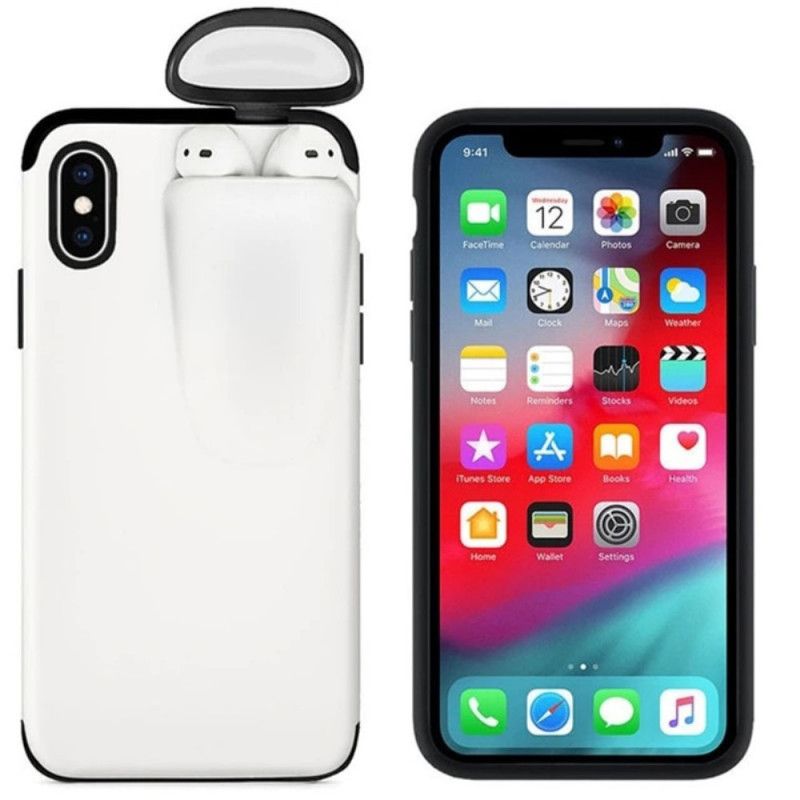 Hoesje voor iPhone XR Wit Zwart 2-In-1 Airpods-Koffer