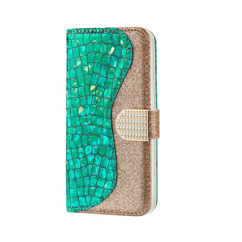 Leren Hoesje iPhone XR Rose Goud Groen Krokodil Diamanten