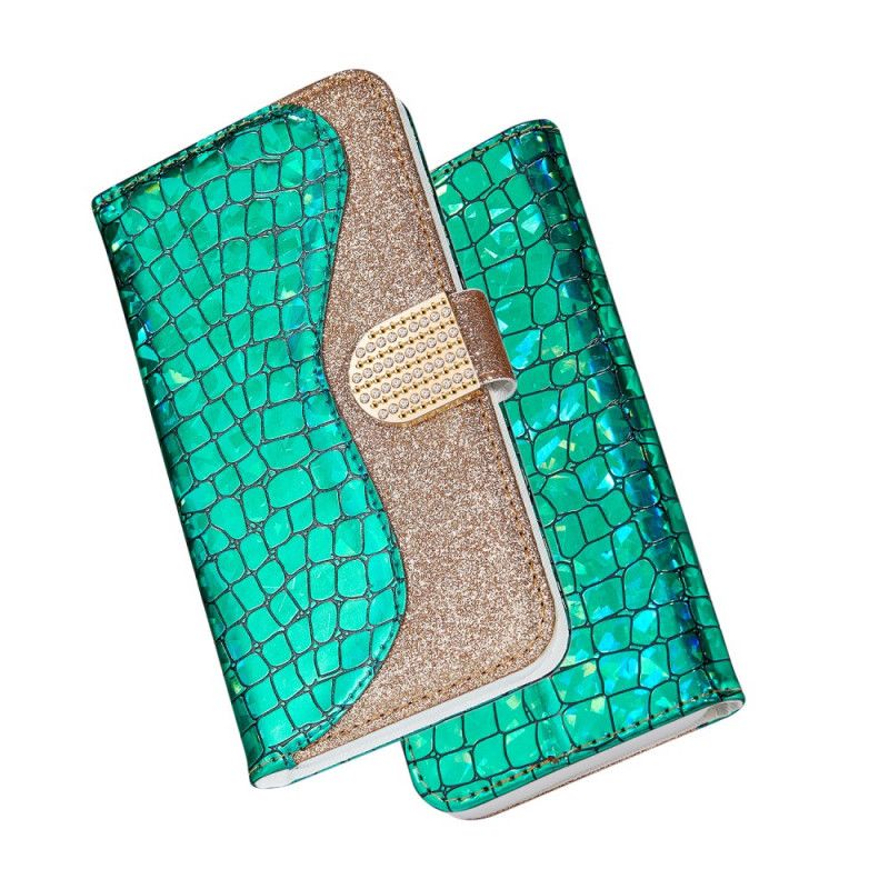 Leren Hoesje iPhone XR Rose Goud Groen Krokodil Diamanten