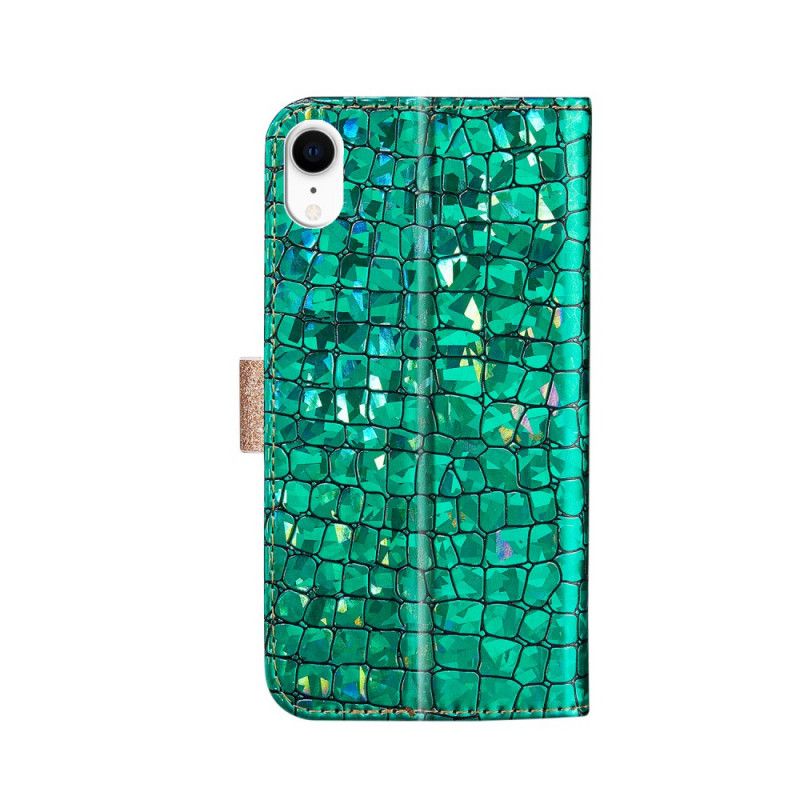 Leren Hoesje iPhone XR Rose Goud Groen Krokodil Diamanten