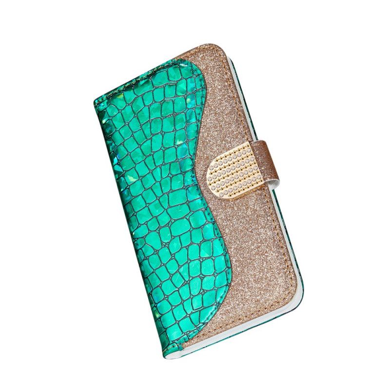 Leren Hoesje iPhone XR Rose Goud Groen Krokodil Diamanten