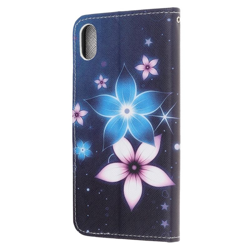 Leren Hoesje iPhone XR Telefoonhoesje Maanbloemen Met String