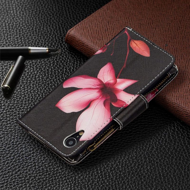 Leren Hoesje voor iPhone XR Wit Zwart Bloemenvak Met Ritssluiting