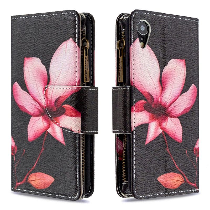 Leren Hoesje voor iPhone XR Wit Zwart Bloemenvak Met Ritssluiting