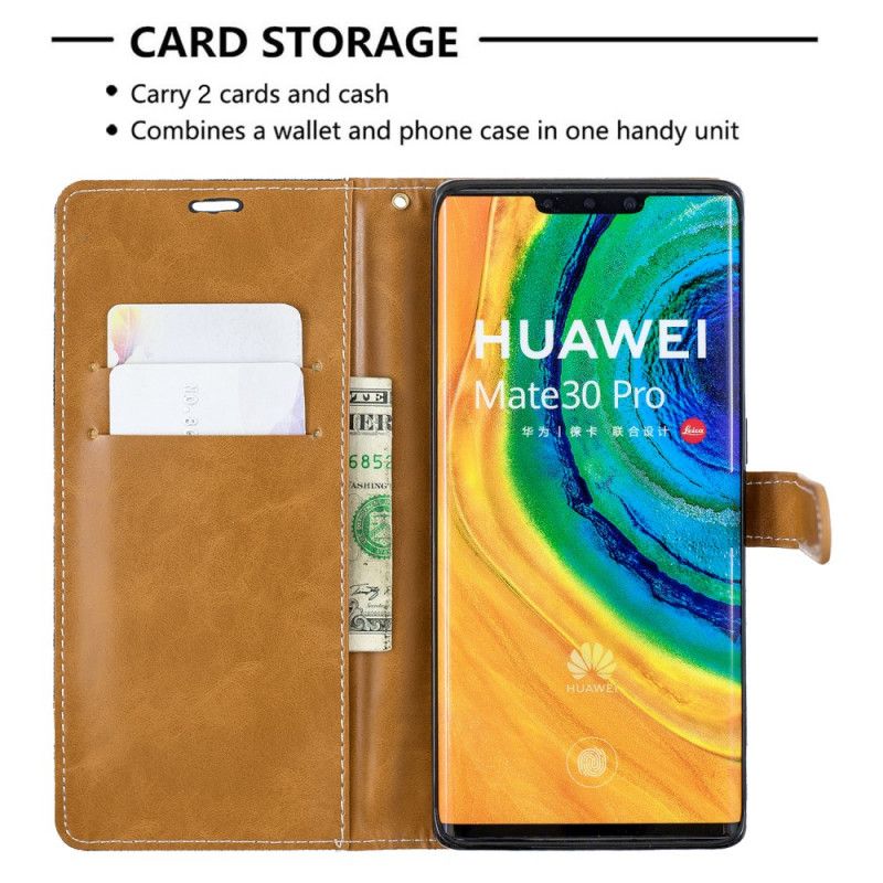 Leren Hoesje Huawei Mate 30 Pro Grijs Zwart Stof En Leereffect Met Riem