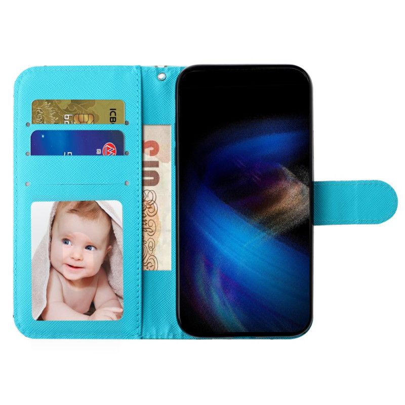 Folio-hoesje iPhone 16 Pro Max Blauwgouden Vlinders Met Riem