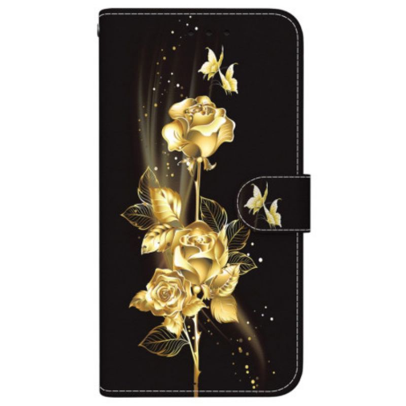 Folio-hoesje iPhone 16 Pro Max Telefoonhoesje Gouden En Roze Vlinders Met Riempje