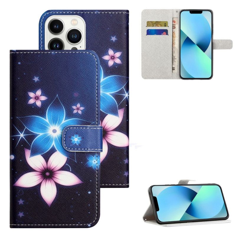 Folio-hoesje iPhone 16 Pro Max Telefoonhoesje Maanbloemen Met Riempje